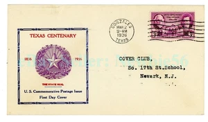 Postal History - TEXAS CENTENARY - 1936 Gonzales TX First Day Cover Stamp - Picture 1 of 2