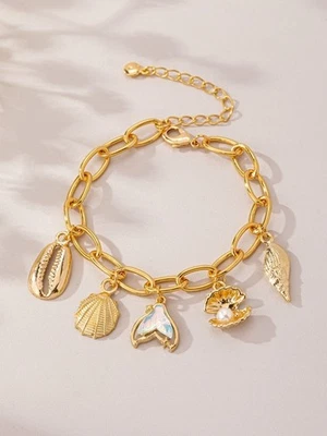金色海洋小饰品手链 - 贝壳、美人鱼尾巴、人造珍珠、海滩 — 第 1/4 张图片