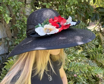 DE COLECCIÓN The J. Peterman Co. L Sombrero de Paja con Flores y Cinta Negro Jardín Fiesta Foto 1 de 4