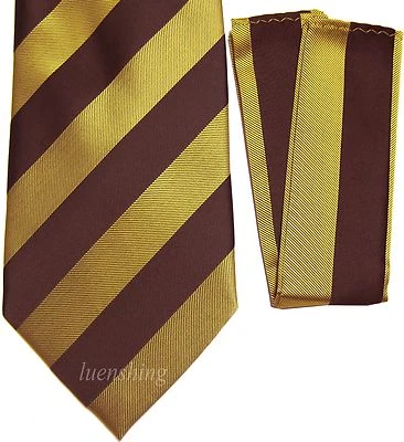 New Polyester Woven Men's Neck Tie set black & gold stripes wedding formal - Image 1 of 3