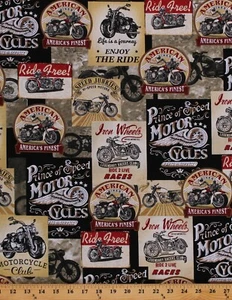 Cotton Motorcycles Vintage-look Bikers Cotton Fabric Print by the Yard D652.13 - Picture 1 of 1