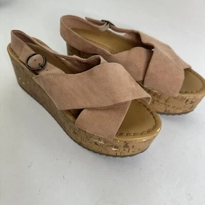 American Eagle Wedge Shoes Women's Size 10 Pink Elastic Straps Cork Wood Heels - Picture 1 of 7