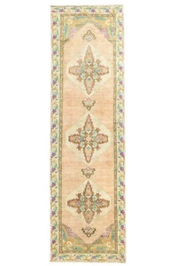 Rustic Primitive Turkish Oushak Runner Rug 3x10.3 ft Vintage Handmade Runner - Picture 1 of 12