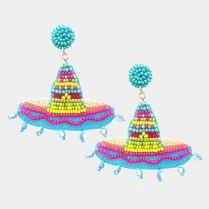 NEW Mini Blue Colorful Mexican Sombrero Hat Seed Bead Embroidered Boho Earrings  - Picture 1 of 1