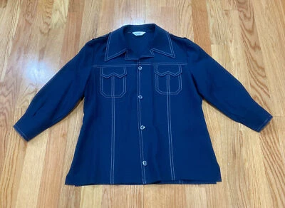 Vintage 70s John Pomer Disco Shirt Dagger Collar Size 44 Navy Blue NOS - Image 1 of 3