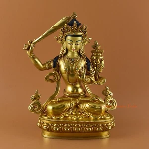 Gold vergoldete handgeschnitzte gesichtsbemalte Manjushri Jambiyang Statue aus Patan Nepal - Bild 1 von 4