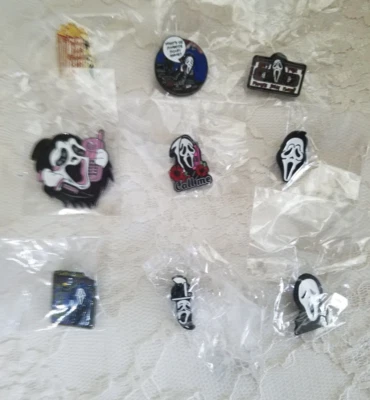 RETRO 90'S STYLE SCREAM GHOST FACE ENAMEL PINS BAGDES HALLOWEEN SET OF 9 - Image 1 of 4