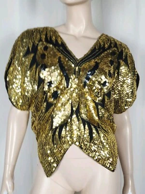De colección Años 70 80 Lentejuelas Mariposa Seda Top Oro Disco Festival XS-SM Foto 1 de 4