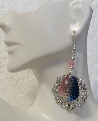 Silver Tone Filigree Medallion Blue & Pink Teardrop Accent Dangle 2" Earrings - Image 1 of 3