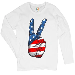 Patriotic Victory Sign Women's Long Sleeve T-shirt American Flag 4th of July - Picture 1 of 29