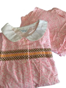 Vintage Womens 2 PC Flannel Pajama Set Pink Flowers Size 38 M L NOS Smocked NEW - Picture 1 of 9