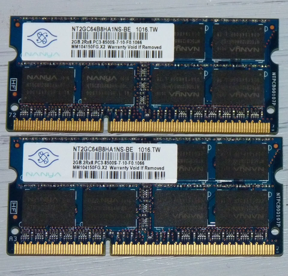 NANYA Laptop RAM 4GB 2x2GB SODIMMs PC3-8500S DDR3-1066MHz 2Rx8 NT2GC64B8HA1NS-BE - Image 1 of 1