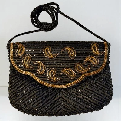 Bolso de Noche Vintage Años 80 La Regale Cuentas Paisley Negro Dorado Bolso sin asas Bolso de Hombro Foto 1 de 4