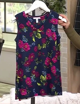 Top Isaac Mizrahi Live Estampado Floral Sin Mangas Talla Grande Azul Marino Oscuro Tejido Boho Foto 1 de 4