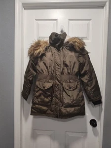 Madden Girl Size LARGE 14 Army Green Anorak Winter Jacket Parka Hooded Faux Fur - Picture 1 of 13