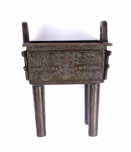 1900's Chinese Bronze Ears Censer Incense Burner Fang Ding Taotie Animal Masks - Picture 1 of 12