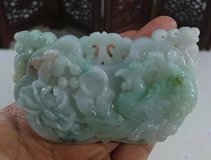 Cert'd Natural Type A Jadeite Jade Phoenix Flower Big Pendant - Picture 1 of 7