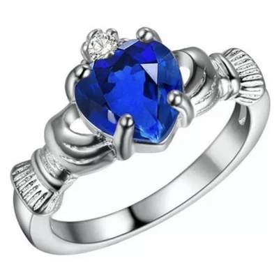 Fashion Silver Sapphire Crown Wedding Engagement Claddagh Ring Size 6 NEW - Image 1 of 4
