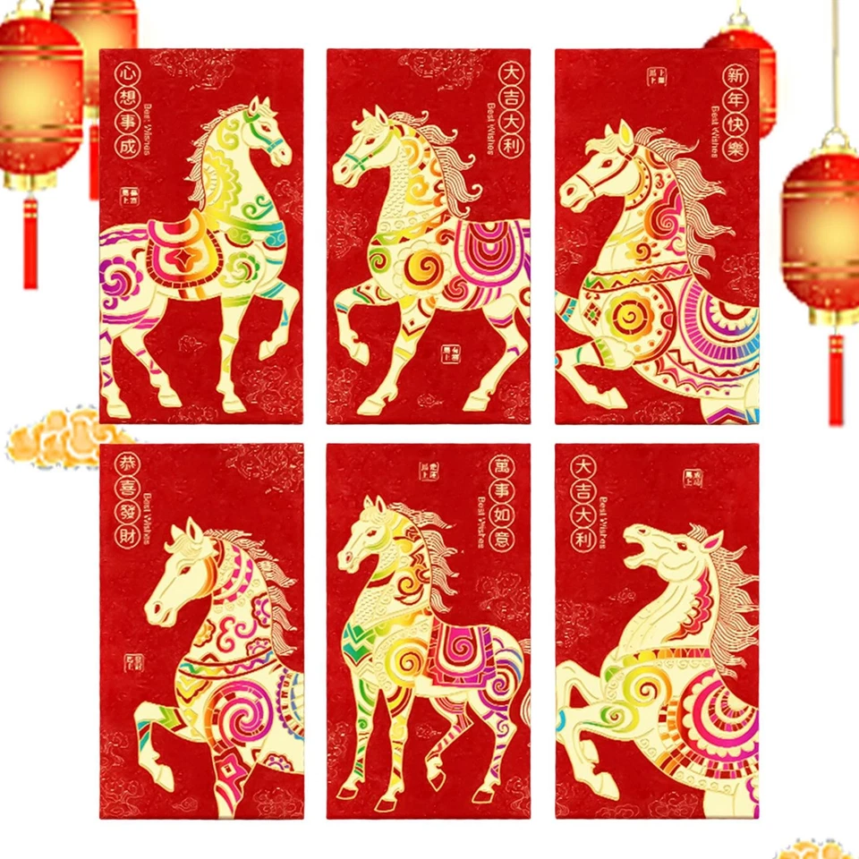 6pcs 2026 Year of Horse LUCKY MONEY Red Envelopes CHINESE NEW YEAR Gift - Image 1 of 4