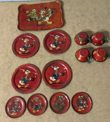 Vintage 1939 Walt Disney Productions Ohio Art Donald Duck Tin Tray, Cups, Plates - Image 1 of 4