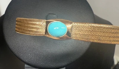 14K Yellow Gold Mesh VICENZA Stretch Bracelet w/Cabochon TURQUOISE OS 3.07gr - Image 1 of 4