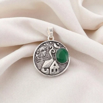 Colgante único oxidado de plata de ley 925 con piedras preciosas de ónix verde regalo para boda Foto 1 de 4