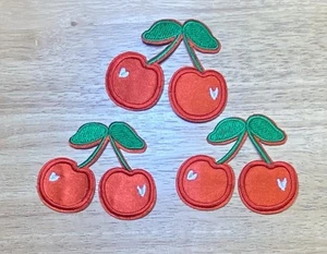 Set of 3 Cherry Embroidered Iron on Patch, Food, Fruit, Applique, 3” w x 2.25” h - Picture 1 of 4