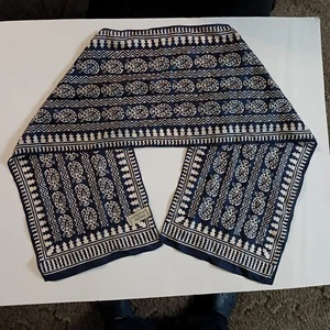 Sacha Navy Blue & Tan Tribal Print 100% Silk Oblong Scarf 48" - Picture 1 of 5