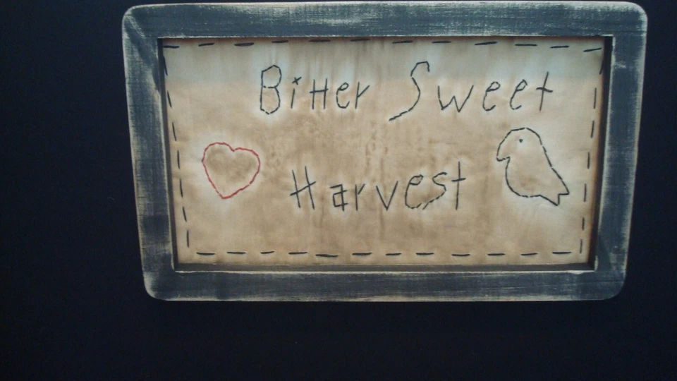 Primitive Stitchery **BITTERSWEET HARVEST**  black frame 6 1/2" x 11" - Image 1 of 1