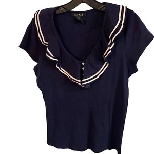 Lauren Ralph Lauren dunkelblau mit gerüschtem V-Ausschnitt mit weißen Akzenten Gr. Large - Bild 1 von 7