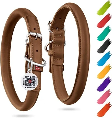 Ultra Soft Rolled Leather Dog Collar with QR tag | Brown - Small 8-10" Neck - Image 1 of 3