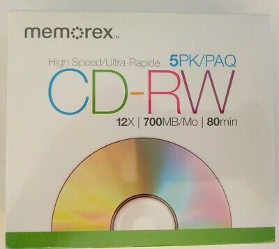 MEMOREX CD-RW 12x/700MB/80 Minute/Media 5-Pack With Slim Jewel Cases*SEALED NEW! • 11.99$