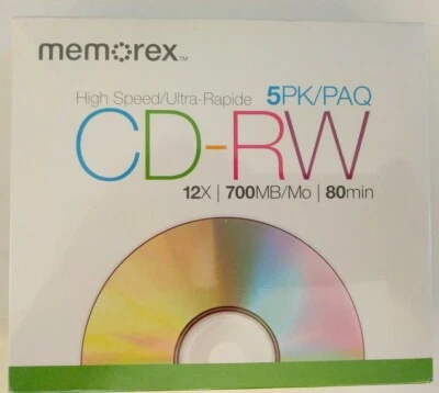MEMOREX CD-RW 12x/700MB/80 分钟/媒体 5 件装带超薄珠宝盒*密封全新! — 第 1/4 张图片