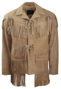 Men's Cognac, Brown, Beige, Gray Suede Leather Fringes Western Jacket WFJ41 - Picture 1 of 20