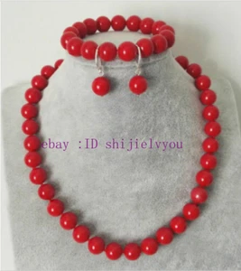 10MM Coral Red South Sea Shell Pearl Round Beads Necklace Bracelet Earrings Set - Picture 1 of 4