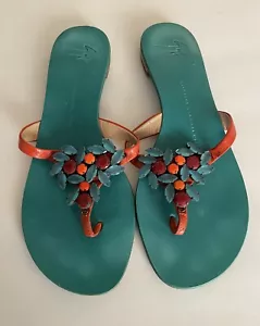 Sandalias planas para mujer Giuseppe Zanotti, cuero naranja/turquesa, talla 7 - Imagen 1 de 8