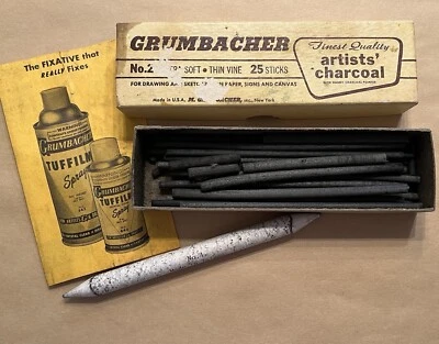 Antigo Grumbacher No.2 Bastões de Videira Extra Macios Artistas Toco de Mistura de Carvão - Imagem 1 de 4