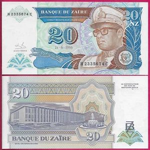 ZAIRES 20 NOUVEAUX ZAIRES 1993 UNC H-C,PRESIDENT MOBUTU IN MILITARY DRESS,LEOPAR - Picture 1 of 1