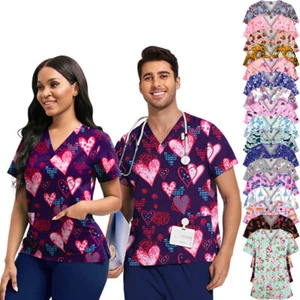 NiaaHinn Printed Scrub Tops Women Men Working Scrub Butterfly Flowers Dog Cat - Picture 1 of 74