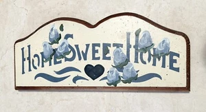 Vintage 1980’s Home Sweet Home Wood Hand Painted Wall Sign Blue Heart Flowers - Picture 1 of 9