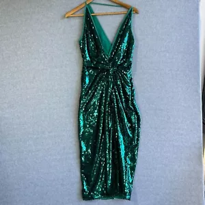 ASOS Dress Sz 8 Green Sequin Asymetric Twist Bodycon Formal Event Festive Party - Picture 1 of 11