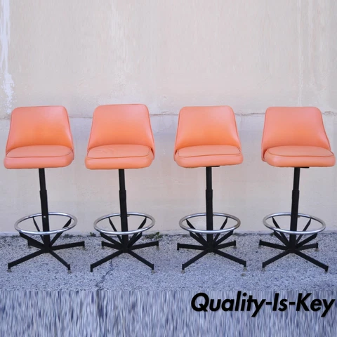 Mid Century Modern Atomic Era Vinyl Metal Adjustable Swivel Barstools - Set of 4 Cover