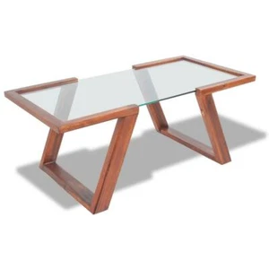 Living Lounge Room Furniture Coffee Table with Glass Top - Acacia Wooden Frame - Picture 1 of 6