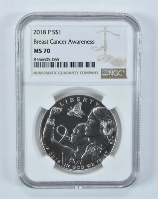 2018-P Breast Cancer Awareness Commemorative Silver $1 MS70 NGC - Image 1 of 4