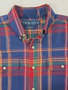 Vintage Ralph Lauren RL Workshirt Navy Plaid Flannel Work Shirt Men’s Large - Picture 1 of 7
