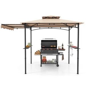 11 x 5 FT Grill BBQ Gazebo w/ Side Awning Double-Tiered Top 2 Side Shelves - Picture 1 of 10