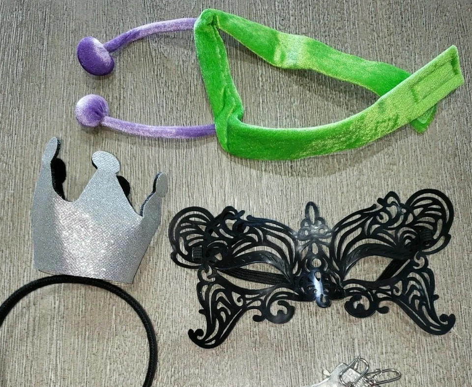 3 piece GIRLS LOT eye mask MARDI GRAS bug headband green purple tiara silver spa - Image 1 of 1