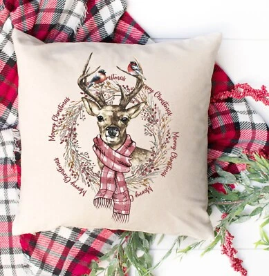 Christmas Pillow Cover, Red Reindeer Wreath, Indoor/Outdoor, 16x16 - Image 1 of 3