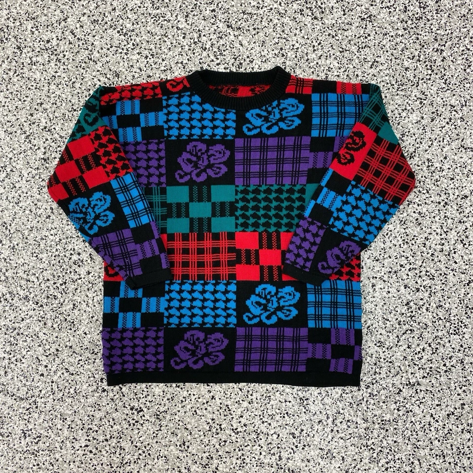 Vintage Sweater Mens L Acrylic Pullover MultiColor USA Grandpa Print Grunge 90s - Image 1 of 4