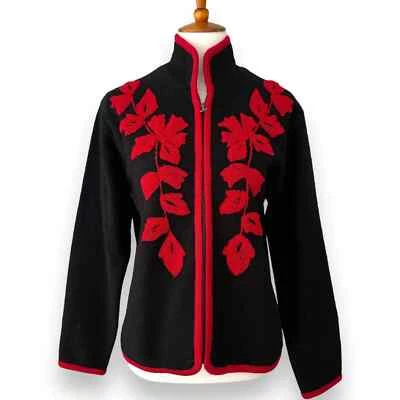 Coldwater Creek Black Wool with Red Embroidered Flower Cardigan Sweater Size S - Image 1 of 4